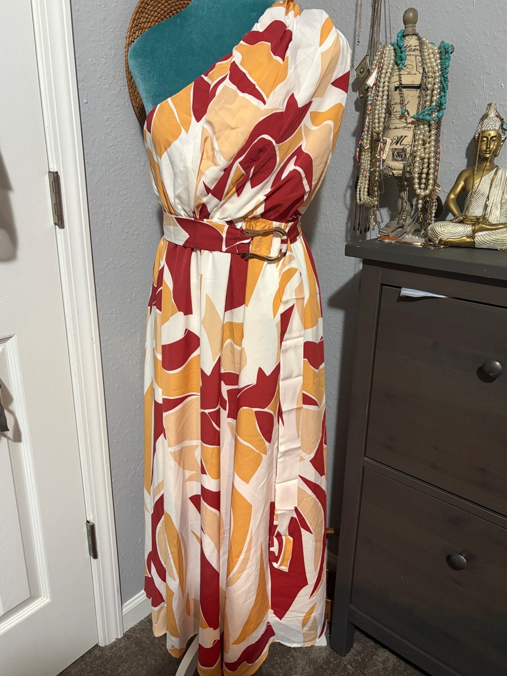 Nwt One-Shoulder Abstract Print Maxi Dress in White, Red & Mustard